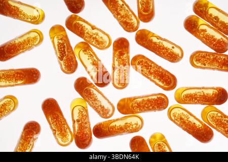 Texture médicamenteuse. Formation médicale. Médicament jaune renversé sur un fond blanc. Lumière professionnelle. Banque D'Images