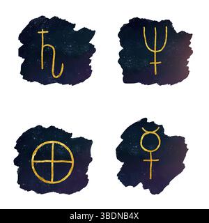 Symboles astrologiques des planètes. Illustration aquarelle. L'ensemble est isolé sur un fond blanc. Désignation symbolique de la Terre, Mercure, Satur Banque D'Images