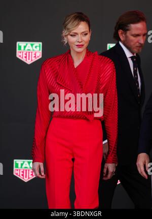 La princesse Charlène de Monaco sur le podium après le Grand Prix de Monaco sur le circuit de Monaco, Monte Carlo. Date de la photo : dimanche 25 mai 2025. Banque D'Images