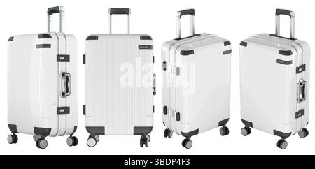 Valise blanche Hard Shell, angles multiples. Rendu 3D isolé sur fond blanc Banque D'Images