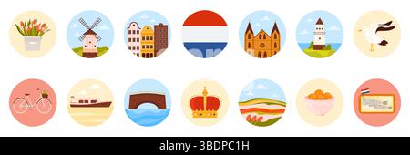 Voyagez aux pays-Bas ensemble d'autocollants ronds avec des éléments de la culture néerlandaise, des monuments et de la nourriture. Drapeaux et maisons de canal hollandais, bouquet de tulipes et champ, phare, illustration vectorielle de dessin animé de moulin à vent Illustration de Vecteur