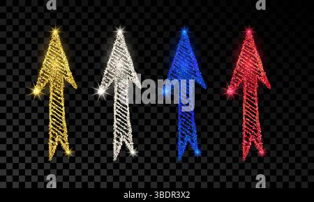 Ensemble de quatre flèches dessinées à la main de doodle avec effet de paillettes dorées, argentées, bleues et rouges sur fond transparent foncé. Illustration vectorielle Illustration de Vecteur