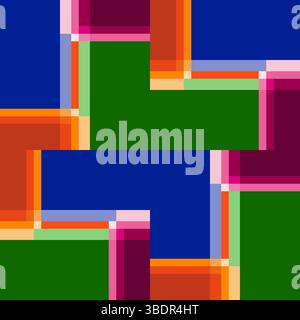 Cette illustration vectorielle présente un motif répétitif sans couture de blocs rectangulaires et carrés imbriqués dans une palette audacieuse et vibrante de vert, bleu, ora Illustration de Vecteur