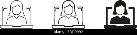 Ligne de femme et icône Silhouette définie sur l'écran d'ordinateur portable, communication en ligne ou appel vidéo. Réunions virtuelles et interaction numérique. Contour modifiable Illustration de Vecteur