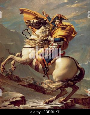 Napoléon franchissant les Alpes (aussi connu sous le nom de Napoléon au col du Saint-Bernard ou Bonaparte franchissant les Alpes ; répertorié comme le premier Consul franchissant les Alpes au col du Grand Saint-Bernard) est une série de cinq portraits équestres à l'huile sur toile de Napoléon Bonaparte peints par l'artiste français Jacques-Louis David entre 1801 et 1805. Initialement commandée par le roi d'Espagne, la composition montre une vision fortement idéalisée de la véritable traversée que Napoléon et son armée ont faite le long des Alpes par le col du Grand Saint-Bernard en mai 1800. Il est devenu l'un des i les plus couramment reproduits Banque D'Images