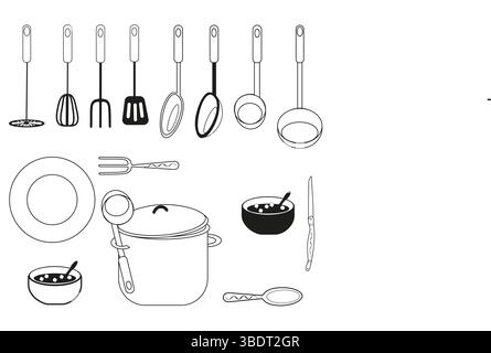 Ustensiles et vaisselle. Marmite de cuisson au centre. Icônes de nourriture organisées. Nettoyer la disposition des lignes. Illustration de Vecteur
