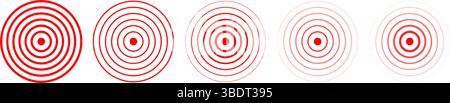 Ensemble de cercles concentriques rouges. Icônes de cible. Repères de localisation. Symboles de douleur, de plaie, de douleur ou d'inflammation. Signes d'impulsion, de rayonnement ou de vibration. Pictogrammes radar ou d'ondes sonores. Illustration vectorielle. Illustration de Vecteur