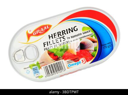 Filets de hareng atlantique Graal avec sauce tomate dans une canette de 170 g. Banque D'Images
