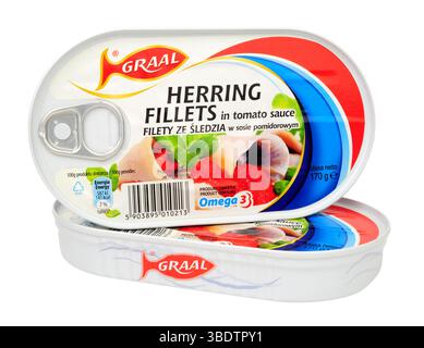 Filets de hareng atlantique Graal avec sauce tomate dans une canette de 170 g. Banque D'Images