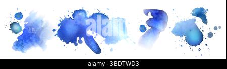 Les traits d'aquarelle bleue sont isolés sur fond blanc. Illustration réaliste vectorielle de pinceaux abstraits, éclaboussures de gradient d'aquarelle, texture aquarelle, taches de pinceau d'art moderne Illustration de Vecteur