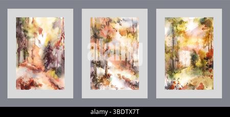 Paysage avec forêt d'automne et chemin passant par des arbres étroitement espacés ou des pins Illustration de Vecteur