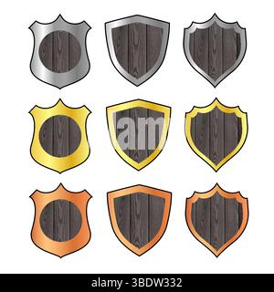 Ensemble de bronze de jeu, argent, boucliers d'or, armure médiévale de dessin animé de métal et de bois décoré. Munitions de chevalier, collection d'écrans de garde en fer ou en bois, ui Illustration de Vecteur