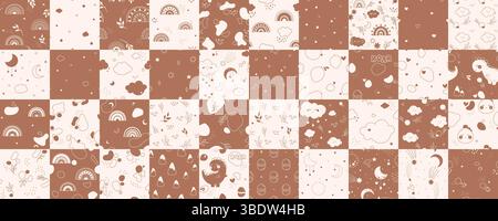 Un grand pack avec des motifs Kawaii Kids sans couture dessinés dans des couleurs bohèmes pastel neutres avec des dinosaures, des montagnes, des coeurs, des arcs-en-ciel, des lunes et des taches de couleur. Illustration de Vecteur