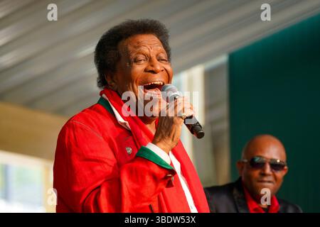Stadl an der mur, Steiermark, Österreich, Europa : Entertainer-Legende Roberto Blanco beim 40. Firmenjubiläum der Almdorfbau, Marktführer für Luxus-Chalets, im Stadler Gewerbegebiet. Musik, Stimmung, Jubiläumsfest, regionale Wirtschaft, Traditionsbetrieb, Prominenz, spectacle, Sommerfest, Publikumsmagnet, Unterhaltung, Bauunternehmen, Feierlaune, Kultfigur, Tourismus, Premiumimmobilien. *** Stadl an der mur, Styrie, Autriche, légende de l'artiste Roberto Blanco à l'occasion du 40e anniversaire de la société Almdorfbau, leader du marché des chalets de luxe, dans la zone industrielle Stadler Music, Atmosphere, a Banque D'Images