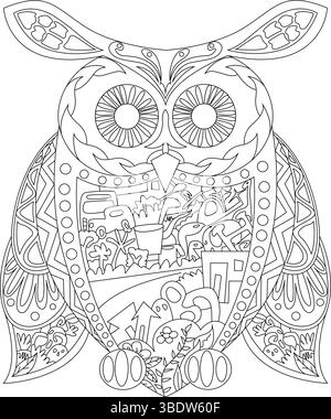 Illustration d'art au trait noir et blanc d'un hibou stylisé rempli de motifs de doodle complexes et de divers objets et formes. Parfait pour colorer le boo Illustration de Vecteur