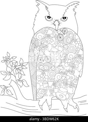 Dessin au trait détaillé d'un hibou perché sur une branche, avec son corps rempli d'un motif complexe de divers éléments de doodle et de formes abstraites, perfe Illustration de Vecteur
