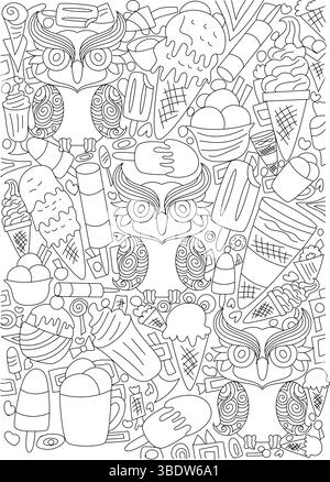 Dessin à la main noir et blanc dessin sans couture motif avec divers cônes de crème glacée, sundaes, popsicles, et chouettes dessins animés mignons. Idéal pour colorer PA Illustration de Vecteur