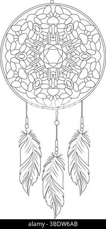 Illustration d'art de ligne noir et blanc d'un capteur de rêves traditionnel avec toile complexe, plumes et perles sur un fond blanc. Illustration de Vecteur