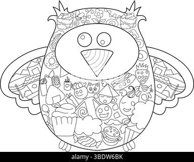 Illustration de contour noir et blanc d'un hibou mignon rempli de divers griffonnages dessinés à la main, y compris des visages drôles, des articles alimentaires comme des cupcakes, des beignets, chaud Illustration de Vecteur