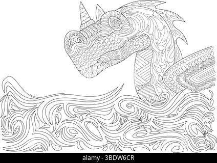Illustration détaillée d'art au trait noir et blanc d'une tête de dragon mythique avec des motifs ornés, s'élevant à partir de vagues abstraites stylisées. Conçu dans une comp Illustration de Vecteur