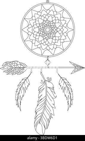 Illustration d'art de ligne noir et blanc d'un capteur de rêves orné d'une flèche et de trois plumes suspendues. Conception détaillée et complexe, représentant Illustration de Vecteur