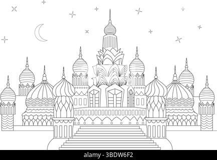 Dessin au trait noir et blanc illustration d'un complexe de construction de style fantastique avec plusieurs dômes, flèches et détails complexes. Comporte un croissant Illustration de Vecteur