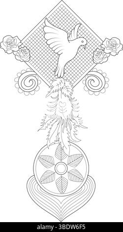 Illustration de contour noir et blanc d'un design Dreamcatcher d'inspiration traditionnelle avec une colombe en vol, des roses, des plumes, des motifs géométriques, un Illustration de Vecteur