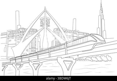 Illustration d'art au trait noir et blanc capturant l'horizon moderne de Dubaï, Émirats arabes Unis. Présente des monuments emblématiques comme le Burj Khalifa In Illustration de Vecteur