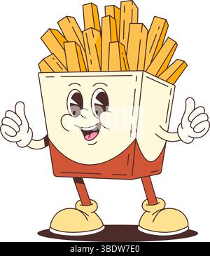 Mascotte joyeuse et souriante de frites donnant les pouces vers le haut tout en se tenant debout dans un récipient en papier. Parfait pour le marketing alimentaire, la publicité, l'emballage et le fu Illustration de Vecteur