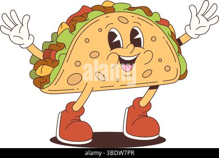 Mascotte de tacos joyeuse debout avec des mains et des chaussures dans un style de dessin animé coloré. Idéal pour la marque alimentaire, la publicité, l'emballage et la conception ludique el Illustration de Vecteur