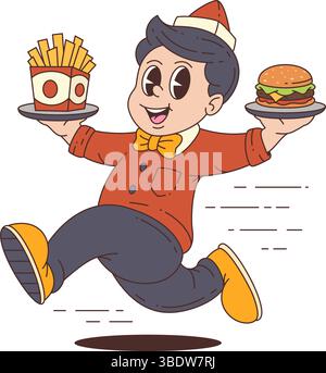 Mascotte de restauration rapide en uniforme rouge et chaussures jaunes portant frites et hamburger avec une pose dynamique et une expression joyeuse. Idéal pour la marque alimentaire et le marché Illustration de Vecteur