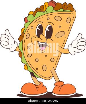 Personnage de mascotte de tacos coloré avec visage joyeux, pouce vers le haut geste, et chaussures orange vif idéal pour le marketing alimentaire, l'image de marque et promotio ludique Illustration de Vecteur