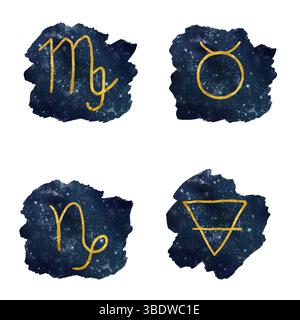 Signes astrologiques terrestres du zodiaque dans le ciel étoilé. Illustration aquarelle. Un ensemble de Taureau, Vierge, capricorne, isolé sur un fond blanc. Banque D'Images