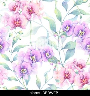Motif aquarelle orchidée sans couture. Illustration dessinée à la main de fleurs tropicales roses et violettes et de feuillage vert luxuriant. Parfait pour les imprimés en tissu Banque D'Images