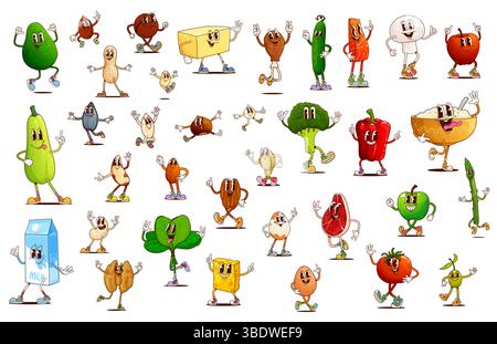 Nourriture de petit déjeuner groovy, légumes et noix caractères. Boîte à lait de dessin animé, céréales, œufs et fromage personnages vectoriels de repas du matin. Poisson groovy rétro, viande, haricots et graines, légumes frais et olives Illustration de Vecteur