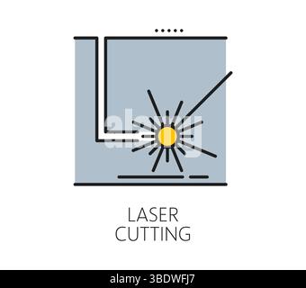 Icône de ligne de découpe laser de la machine de découpe laser ou de la découpeuse en acier métallique, outil CNC vectoriel. Icône de découpe laser de l'imprimante de gravure plasma ou faisceau électrique avec technologie CNC pour pictogramme de métallurgie Illustration de Vecteur