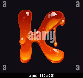 Lettre de police de dessin animé de miel coulant K. élément alphabet anglais de flux d'ambre jaune, symbole de composition vectorielle de dessin animé de miel doux. Signe de type ABC de bonbons liquides ou lettre de police caramel savoureux Illustration de Vecteur