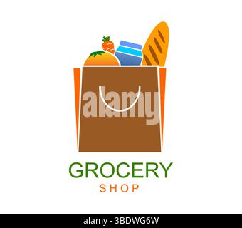 Icône d'épicerie du sac en papier d'achat avec des produits alimentaires pour le supermarché, signe vectoriel. Épicerie ou magasin de marché agricole emblème de sac avec pain baguette, paquet de lait, fruits et légumes Illustration de Vecteur