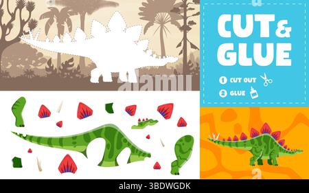 Couper et coller jeu d'enfants avec dinosaure préhistorique dans la forêt de jungle, feuille de calcul vectorielle. Couper et coller puzzle quiz avec des parties séparées de dessin animé stegosaurus Dino animal, jeu d'activité d'éducation pour enfants Illustration de Vecteur