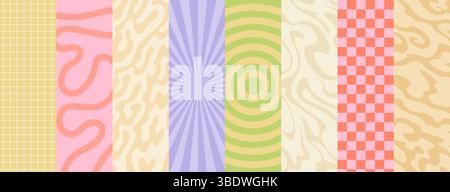 Fonds de motifs hippie groovy psychédéliques avec des vagues abstraites et des lignes de tourbillon, vecteur rétro multiplié Motif groovy de tourbillons ondulés psychédéliques dans un hippie funky ou un design pop vintage avec motif liquide Illustration de Vecteur