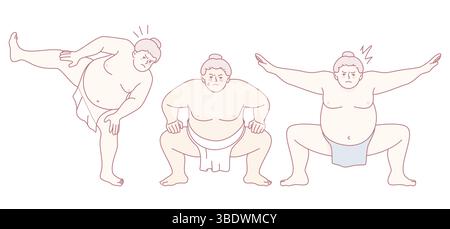 Dessins de dessins animés créatifs et ludiques mettant en vedette des lutteurs de sumo présentant diverses positions et expressions uniques Illustration de Vecteur