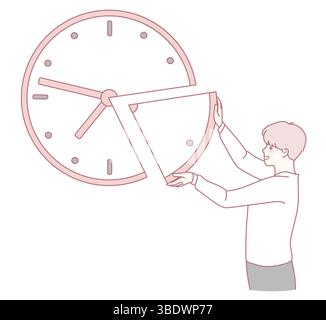 Une illustration d'une personne ajustant une horloge, symbolisant la gestion du temps et l'efficacité dans les tâches quotidiennes Illustration de Vecteur