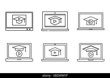 Jeu d'icônes du plan de formation en ligne. Ordinateur portable, moniteur, casquette de remise des diplômes et icônes de leçon vidéo pour l'apprentissage en ligne. Illustration de Vecteur