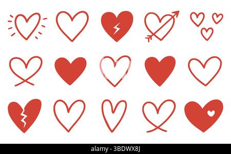 Ensemble de coeurs rouges dans différentes poses. Dessiné à la main différents cœurs d'amour. Croquis à la craie pour la Saint-Valentin et la romance Illustration de Vecteur