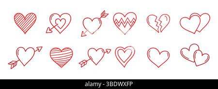 Ensemble de coeurs rouges dans différentes poses. Dessiné à la main différents cœurs d'amour. Croquis à la craie pour la Saint-Valentin et la romance Illustration de Vecteur