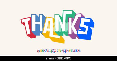 Merci pour les abonnés, texte de gratitude créative dans un style de bloc coloré audacieux. Typographie ludique joyeuse pour carte de voeux, logo, titre, plaisir Illustration de Vecteur