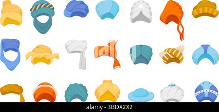 Turbans de dessin animé. Turban oriental isolé, coiffe musulmane de dessin animé. Sultan ou accessoires de costume religieux, coiffes traditionnelles, vecteur néotérique Illustration de Vecteur