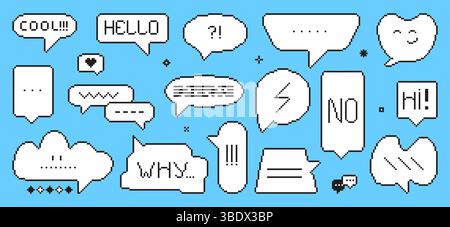Bulles de dialogue Pixel Art. Cadres de dialogue formes abstraites, éléments de communication 8 bits. Bulle de texte de message de chat, ensemble de vecteurs rétro néotériques Illustration de Vecteur