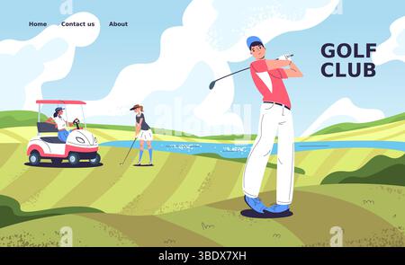 Page d'accueil des clubs de golf. Bâton de joueur de bande dessinée frappé putt ball au trou sur fond d'herbe verte de champ, compétition sportive de golf de bannière professionnelle de golfeur, illustration vectorielle classe illustration originale Illustration de Vecteur