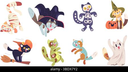 Chats d'Halloween. Chat kawaii mignon de dessin animé dans le costume de squelette de momie, chaton noir drôle dans le chapeau de sorcière avec la décoration de fête effrayante de bouo d'automne de citrouille, set illustration vectorielle chic illustration originale Illustration de Vecteur